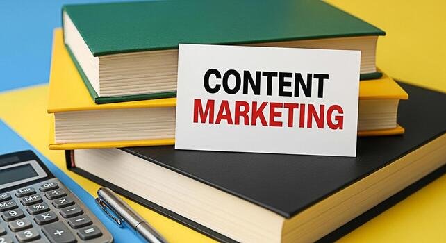 content marketing message displayed on a card resting on stacked books in a vibrant colorful setting symbolizing strategic planning and educational resources for effective digital marketi (1)