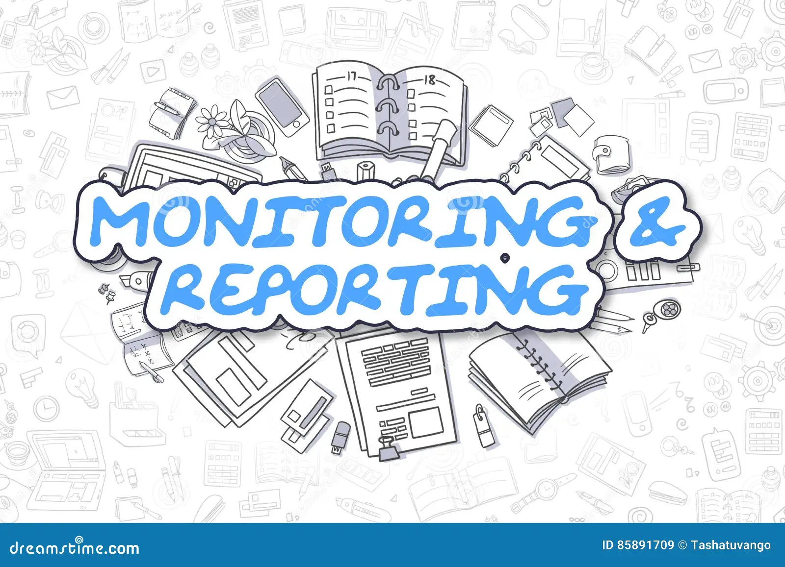 monitoring reporting business concept sketch illustration blue hand drawn word surrounded stationery 85891709