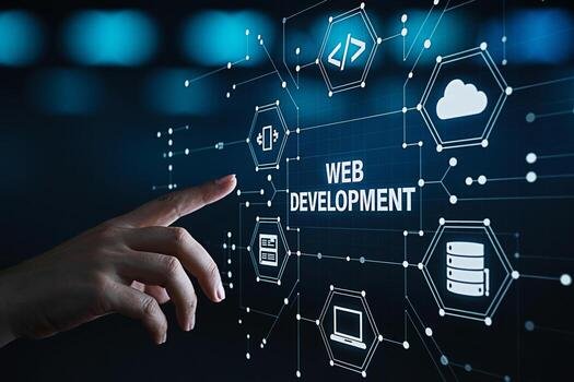 a finger touches a digital screen displaying a web development interface with icons representing coding cloud computing database and website design symbolizing innovation and technological ad